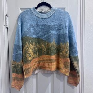 Zara Women's Blue and Green Landscape Sweater